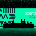 Azetio branded event stage with backlit wall in green